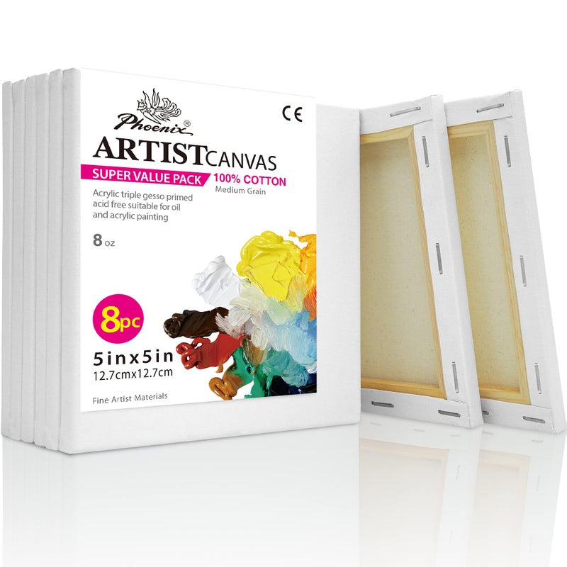 فينيكس قماش PHOENIX صغير ممتد للرسم مقاس 5x5 بوصة/8 عبوات اقتصادية، 8 أونصة ثلاثية معدة مقاس 5/8 بوصة 100% قطن أبيض قماش فارغ، قماش مؤطر مربع للزيت الأكريليك وفن الصب - Image 1